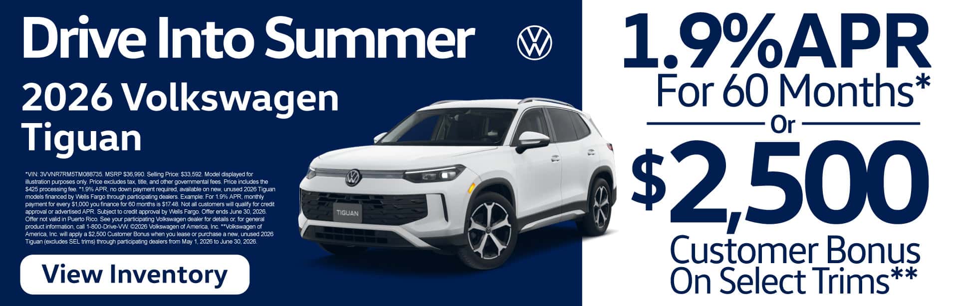 2026 Volkswagen Tiguan - 1.9% APR for 60 months* or $2,500 Customer Bonus on select trims**