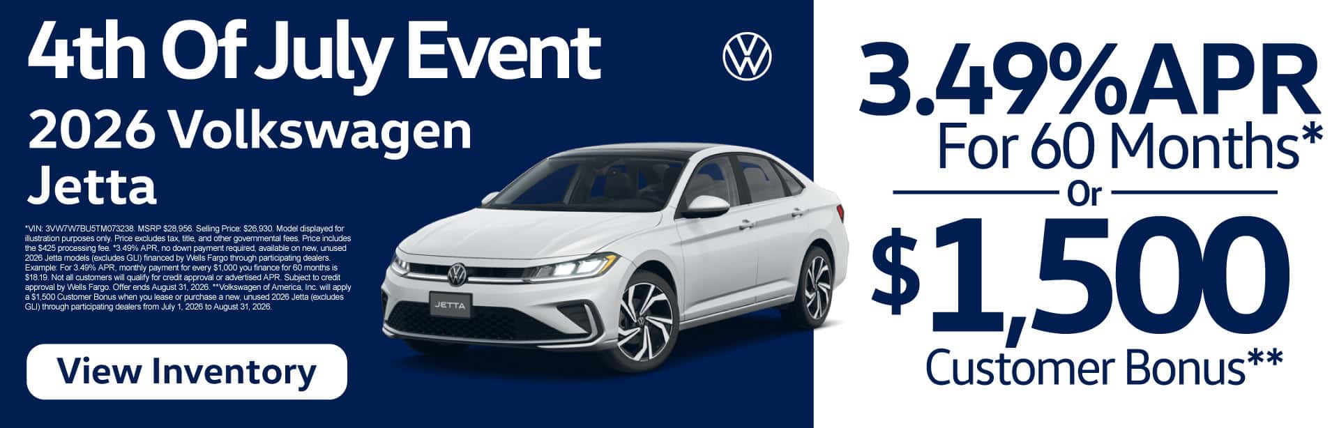 2026 Volkswagen Jetta "3.49% APR for 60 months* or $1,500 Customer Bonus** "