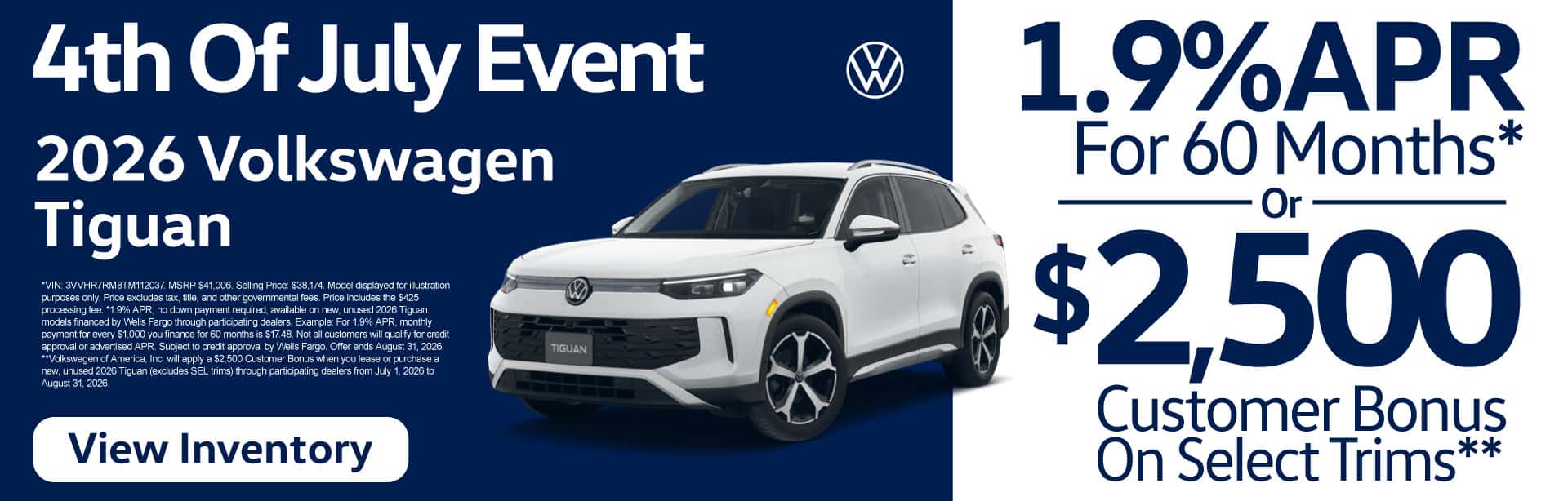 2026 Volkswagen Tiguan "1.9% APR for 60 months* or $2,500 Customer Bonus on select trims** "