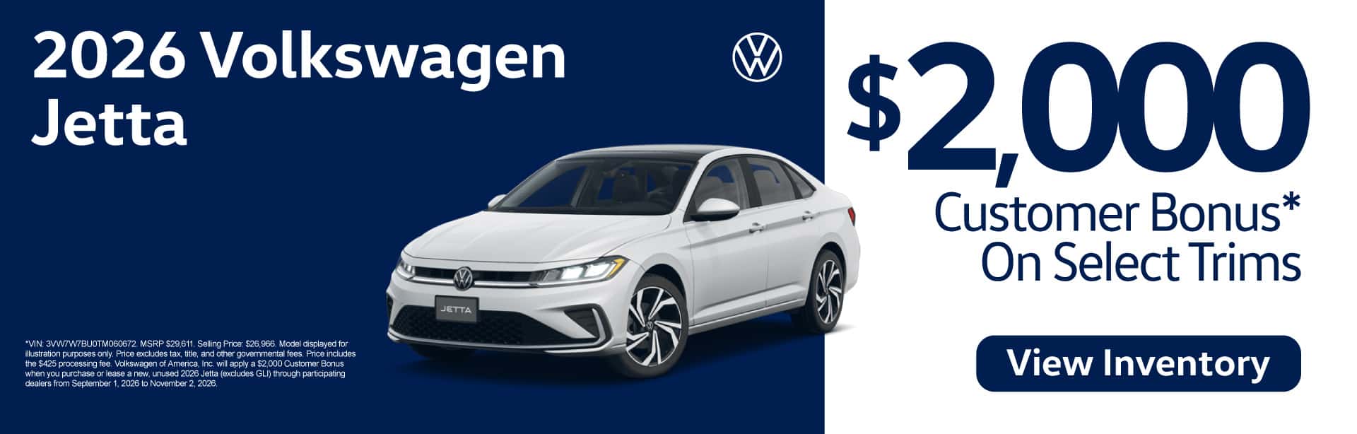 2026 Volkswagen Jetta - $2,000 Customer Bonus* On Select Trims