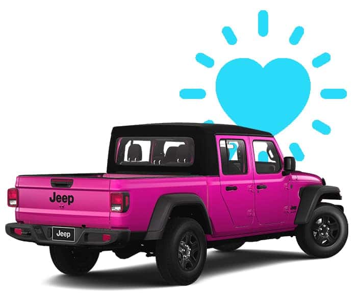 Pink Jeep Gladiator with blue heart icon representing love and community impact
