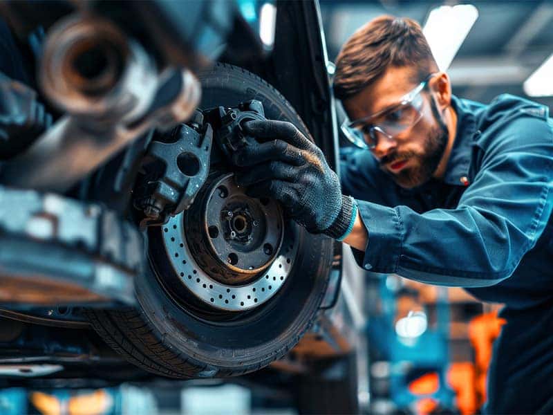 Mechanic in a blue work shirt and safety glasses inspecting a vehicle's brake system and rotor while working under a vehicle lift.