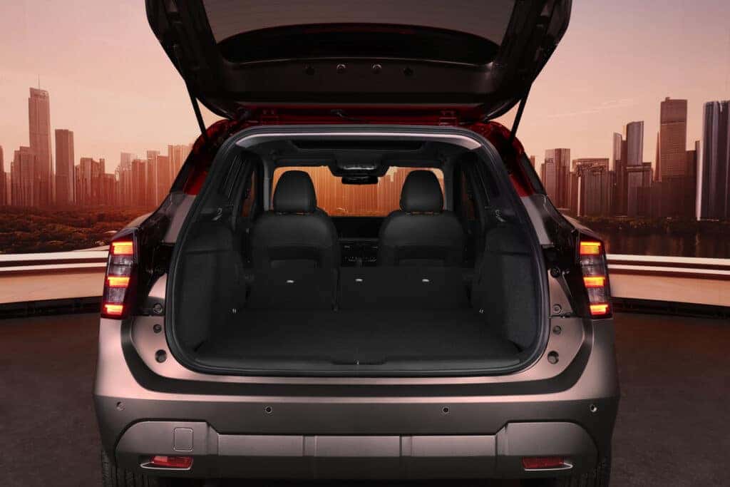 2025 Nissan Kicks with rear hatch open to show increased cargo space