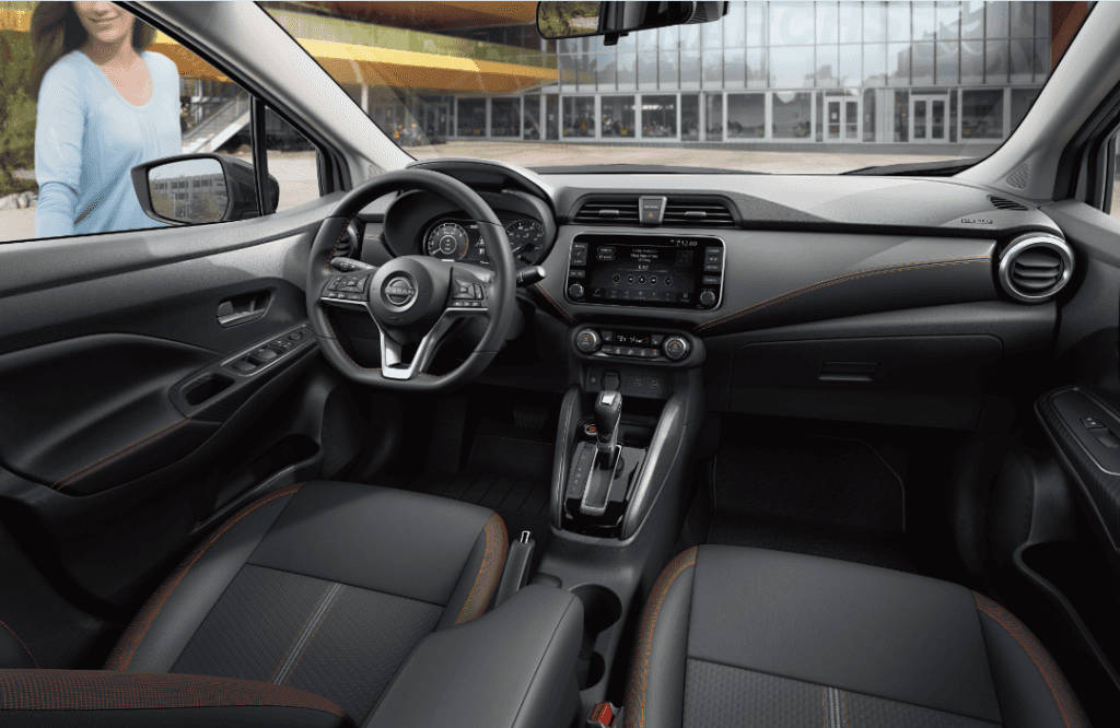 Front steering wheel and dashboard of a 2024 Nissan Versa