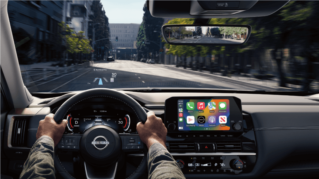 Steering wheel and dashboard of a 2024 Nissan Pathfinder
