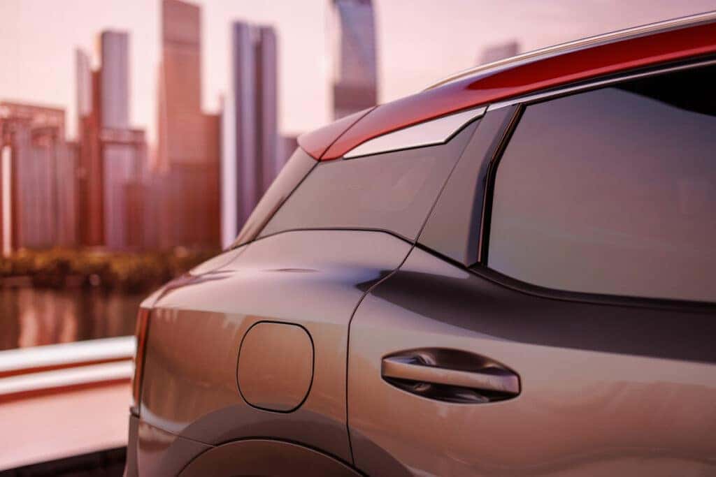close up details of the rear passenger side of a 2025 nissan kicks